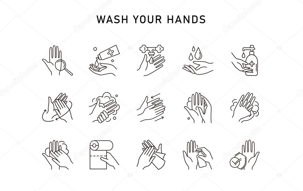 Hand hygiene line icon set. Simple Minimal Pictogram. Personal hygiene, disease prevention and healthcare hand washing.