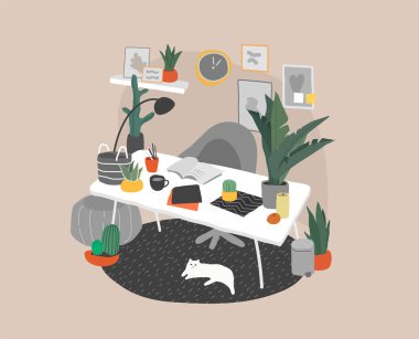 İskandinav tarzı mı, İskandinav tarzı mı? El çizimi tarzı ev ofisi. Ev bitkileriyle iç içe. Çizgi film vektörü