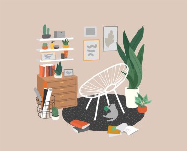 İskandinav ya da İskandinav tarzı oturma odası. El çizimi İskandinav tarzı ev bitkileriyle iç içe. Çizgi film vektör illüstrasyonu.