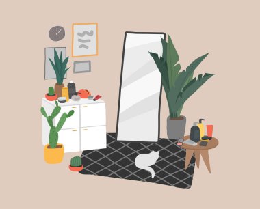 Scandinavian or Scandinavian style interior with a mirror and a cosmetic table. Cozy interior with home plants. Hand drawing cartoon vector illustration.