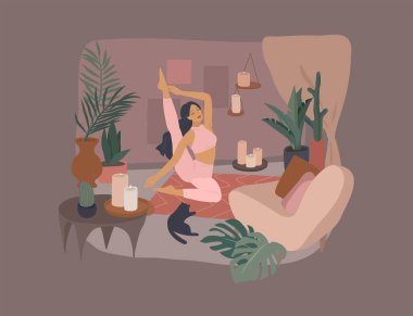 Yoga pozları veren tatlı bir kız. Ev bitkileriyle iç mekanlarda yaşayan genç bir kadının yaşam tarzı. Kadınlık, güzellik ve akıl sağlığıyla moda illüstrasyonu. Kadınsı karikatür çizimi