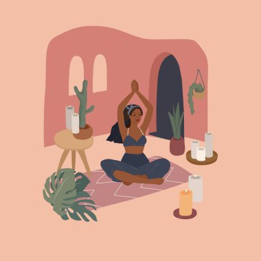 Yoga pozları veren tatlı bir kız. Ev bitkileriyle iç mekanlarda yaşayan genç bir kadının yaşam tarzı. Kadınlık, güzellik ve akıl sağlığıyla moda illüstrasyonu. Kadınsı karikatür çizimi
