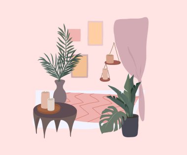 İskandinav ya da İskandinav tarzı oturma odası. El çizimi İskandinav tarzı ev bitkileriyle iç içe. Çizgi film vektör illüstrasyonu.