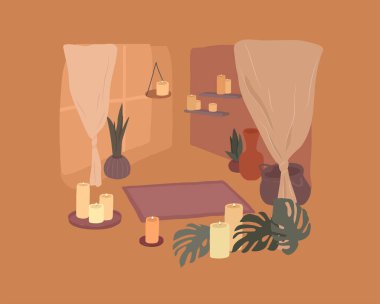 Ev bitkileriyle iç içe. Yoga ve rahatlama için sessiz bir yer. Kadınlık, güzellik ve akıl sağlığıyla moda illüstrasyonu. Vektör çizgi film illüstrasyonu