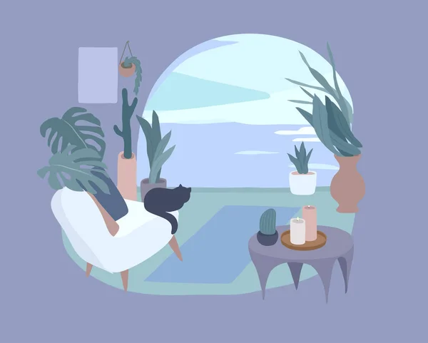 Intérieur Confortable Avec Des Plantes Maison Endroit Calme Pour Yoga — Image vectorielle