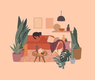 İskandinav ya da İskandinav tarzı oturma odası. El çizimi İskandinav tarzı ev bitkileriyle iç içe. Çizgi film vektör illüstrasyonu.