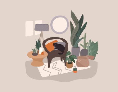 İskandinav ya da İskandinav tarzı oturma odası. El çizimi İskandinav tarzı ev bitkileriyle iç içe. Çizgi film vektör illüstrasyonu.