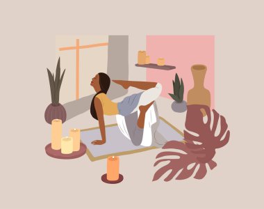 Yoga pozları veren tatlı bir kız. Ev bitkileriyle iç mekanlarda yaşayan genç bir kadının yaşam tarzı. Kadınlık, güzellik ve akıl sağlığıyla moda illüstrasyonu. Kadınsı karikatür çizimi