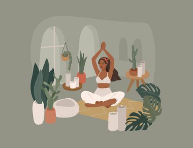 Yoga pozları veren tatlı bir kız. Ev bitkileriyle iç mekanlarda yaşayan genç bir kadının yaşam tarzı. Kadınlık, güzellik ve akıl sağlığıyla moda illüstrasyonu. Kadınsı karikatür çizimi