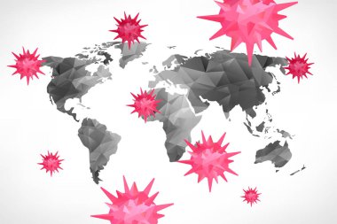 Dünya haritalı Coronavirus konsepti. Yeni salgının korunması ve intikamı 2019-NCoV. Güvenlik, sağlık, tedaviler ve viral hastalıkların önlenmesi. Vektör illüstrasyonu
