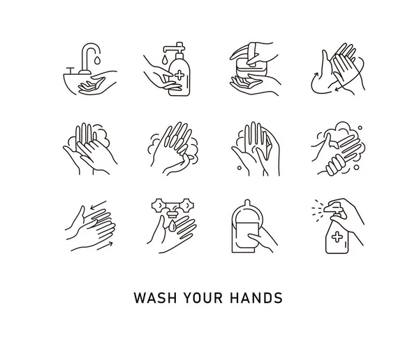 Hand Hygiene Line Icon Set Simple Minimal Pictogram Personal Hygiene — Stock Vector