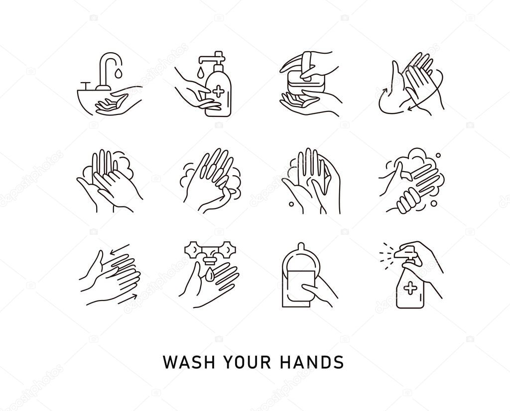 Hand hygiene line icon set. Simple Minimal Pictogram. Personal hygiene, disease prevention and healthcare hand washing.