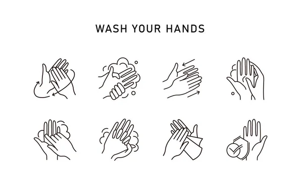 Handhygiëne Lijn Icoon Set Simpel Minimaal Pictogram Persoonlijke Hygiëne Ziektepreventie — Stockvector