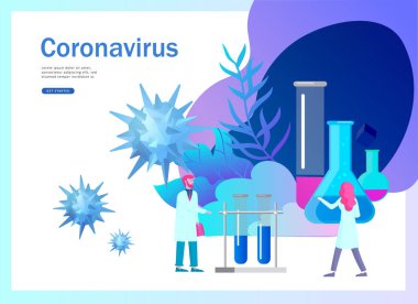 Bilim adamları virüsü ve aşıyı araştırıyor. Coronavirus Kavramını durdur. Tehlikeli 2019-nCoV ikonu, Wuhan. 2019-nCoV, bayrak ve iniş sayfasının korunması ve önlenmesi, vektör