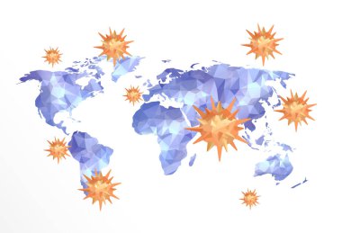 Dünya haritalı Coronavirus konsepti. Yeni salgının korunması ve intikamı 2019-NCoV. Güvenlik, sağlık, tedaviler ve viral hastalıkların önlenmesi. Vektör illüstrasyonu