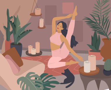 Yoga pozları veren tatlı bir kız. Ev bitkileriyle iç mekanlarda yaşayan genç bir kadının yaşam tarzı. Kadınlık, güzellik ve akıl sağlığıyla moda illüstrasyonu. Kadınsı karikatür çizimi