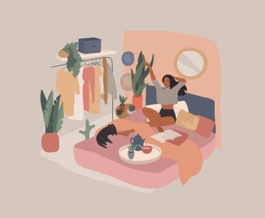 Mutlu şirin kız sabahları kahvaltı yapar, gazete okur ve kediyle dinlenir. Yatak odasının iç kısımlarında ev bitkileriyle birlikte genç bir kadından dişi günlük yaşam. Çizgi film vektör illüstrasyonu