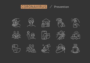Coronavirus Koruması. Yeni salgının önlenmesi 2019-nCoV simgesi bilgi ya da web sitesi için ayarlandı. Güvenlik, sağlık, tedaviler ve viral hastalıkların önlenmesi. İzolasyon. Vektör illüstrasyonu
