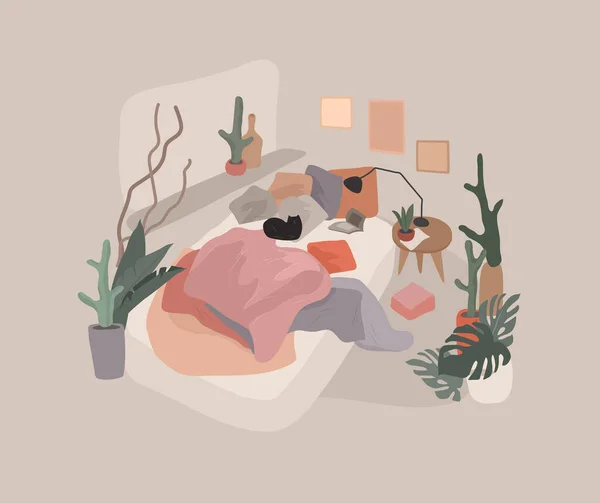 Skandinavischen Stil Gemütliches Interieur Schlafzimmer Mit Homeplants Zeichentrickvektorillustration Weiche Terrakota — Stockvektor