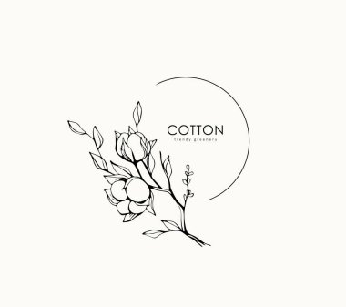 Pamuk fabrikası logosu ve dalı. Davetiye için zarif yapraklı el yapımı düğün otları, bitki ve monogram tarih kartı tasarımını kaydedin. Botanik kırsal trend yeşillik vektör çizimi