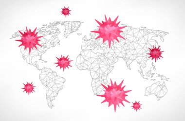 Dünya haritalı Coronavirus konsepti. Yeni salgının korunması ve intikamı 2019-NCoV. Güvenlik, sağlık, tedaviler ve viral hastalıkların önlenmesi. Vektör illüstrasyonu