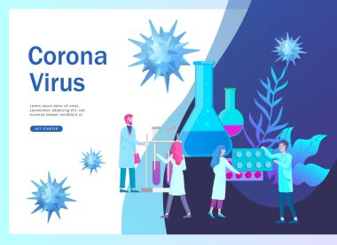 Bilim adamları virüsü ve aşıyı araştırıyor. Coronavirus Kavramını durdur. Tehlikeli 2019-nCoV ikonu, Wuhan. 2019-nCoV, bayrak ve iniş sayfasının korunması ve önlenmesi, vektör