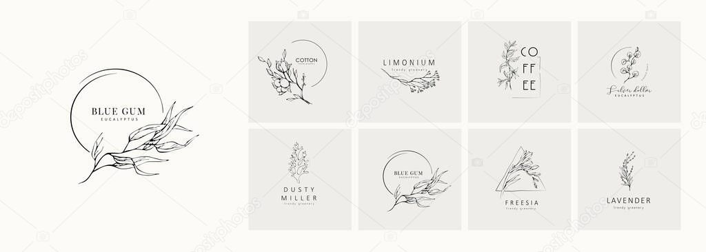 Floral logo and branch. Hand drawn wedding herb, plant and monogram with elegant leaves for invitation save the date card design. Botanical rustic trendy greenery vector illustration