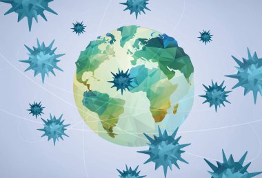 Dünya küresi ile Coronavirus kavramı. Yeni salgının korunması ve intikamı 2019-NCoV. Güvenlik, sağlık, tedaviler ve viral hastalıkların önlenmesi. Vektör illüstrasyonu