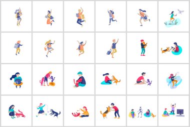 Mutlu okul çocuklarıyla birlikte neşeyle atlayıp gülen bir sayfa şablonu. Mutluluk, mutluluk ve eğlence kavramı. Pankart, poster, web sitesi, davet için vektör illüstrasyonu.