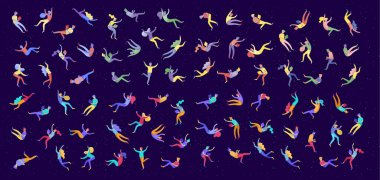 Uzayda uçan, cihazlarla ve kağıtlarla etkileşim kuran insanlara ilham verdi. Karakterler rüyalarda, hayal gücünde ve ilhamda hareket eder ve yüzer. Düz tasarım biçimi, vektör illüstrasyonu.