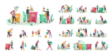 İnsanlar ve çocuklar, Çevre Kirliliğini Azaltmak için farklı konteynırlarda organik Çöpleri Geri Dönüşüm Sıralaması. Çocuklu bir aile çöp topluyor. Çevresel gün vektör karikatür çizimi