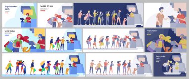 İnsanlar süpermarkette kasiyerle sıraya giriyor. Müşteri ve tezgahtar konseptini nereden bulacaklar? Etkileşim satmak, satın alma süreci. Yaratıcı iniş sayfası tasarımı şablonu