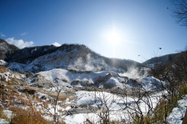 Jigokudani Vadisi, kış kar Noboribetsu, Hokkaido, Japonya'nın aktif yanardağ