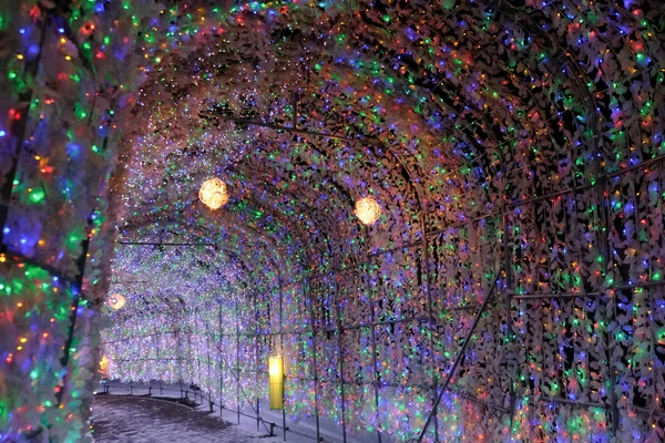 Lac Toya, Hokkaido Japon - 17 novembre 2019 : Un magnifique tunnel d'ampoules led du festival de neige d'hiver s'allume au crépuscule dans le lac Toya, Hokkaido, Japon — Photo