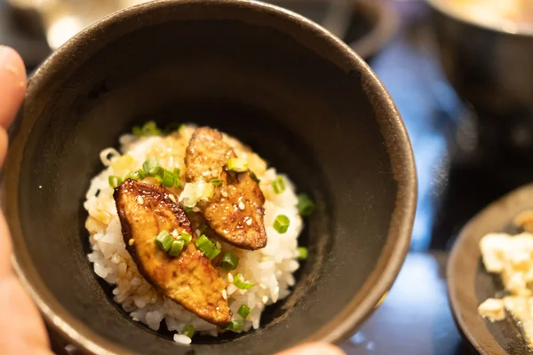 Delicious fresh sliced Foie Gras put on rice. — Stock Photo, Image