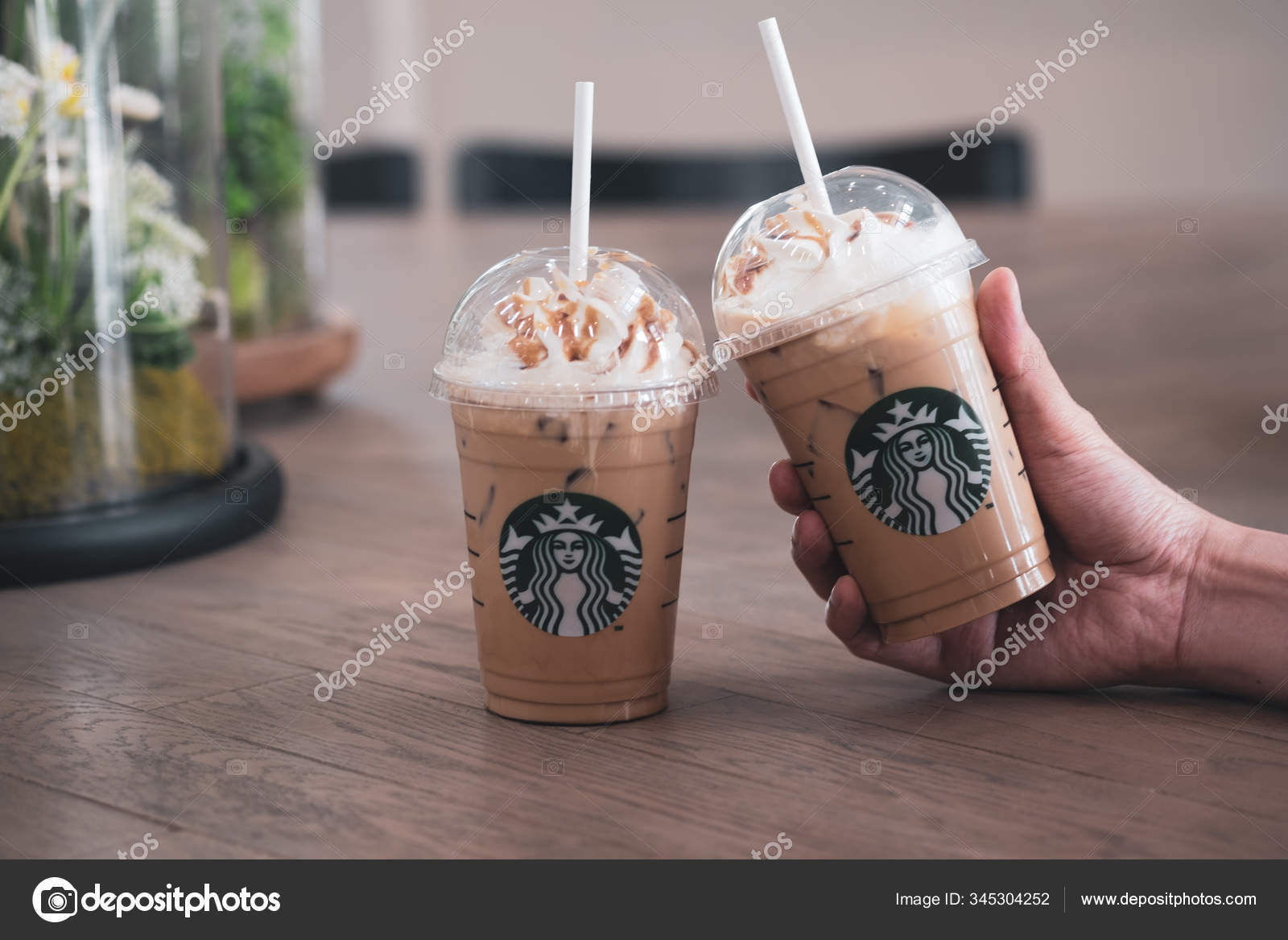 Bangkok, Thailand - February 17, 2020: Two cup of Starbucks iced