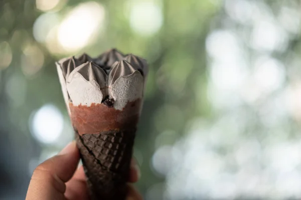 Man Hand Holding Ice Cream Chocolate Wafer Cone Blur Nature — Stock Photo, Image