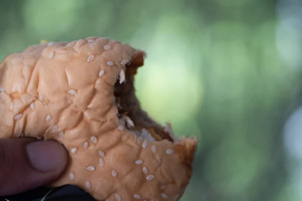 자연계에 손으로 햄버거를 — 스톡 사진