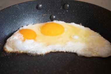 Kızartma tavasında az pişmiş yumurta, yakından.