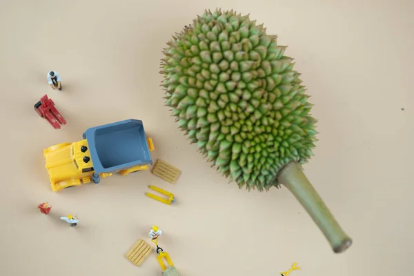 Pessoas Miniatura Trabalhadores Movendo Frutas Durianas Conceito Melhor Exportação Tailândia — Fotografia de Stock