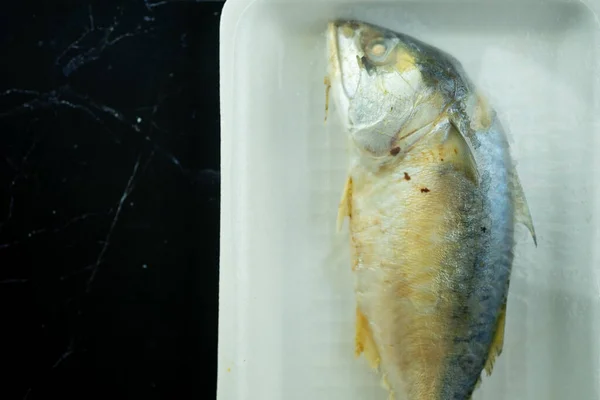 Thailändischer Makrelenfisch Gedämpft Schaumstoffbox Auf Schwarzem Hintergrund Pla Too Heißt — Stockfoto