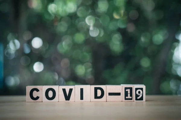 Covid Name Coronavirus Text Wood Block Nature Background — Stock Photo, Image