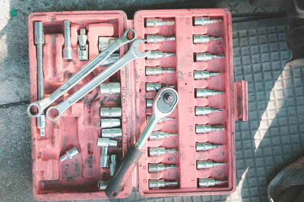 Juego Herramientas Mecánicas Caja Roja Instrumento Acero Caja Reparación Kit — Foto de Stock