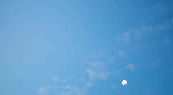 Κοντινό Πλάνο Του Φεγγαριού Πρωί Φόντο Τον Γαλάζιο Ουρανό — Φωτογραφία Αρχείου