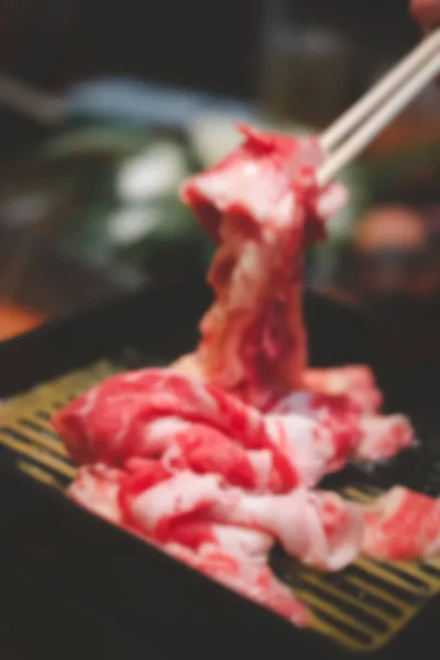 Blur Background Use Chopsticks Fresh Raw Meat Cooking Sukiyaki — Stock Photo, Image