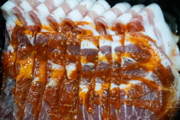 Rohes Oder Geschnittenes Schweinefleisch Als Premium Qualität Zubereitet Für Den — Stockfoto