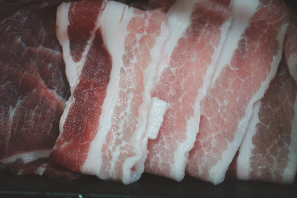 Pancetta Fresca Cruda Affettata Freddo Pronta Cuocere Vista Dall Alto — Foto Stock