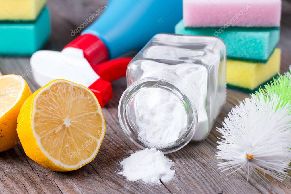 Eco-friendly natural cleaners. Baking soda, salt, lemon and cloth