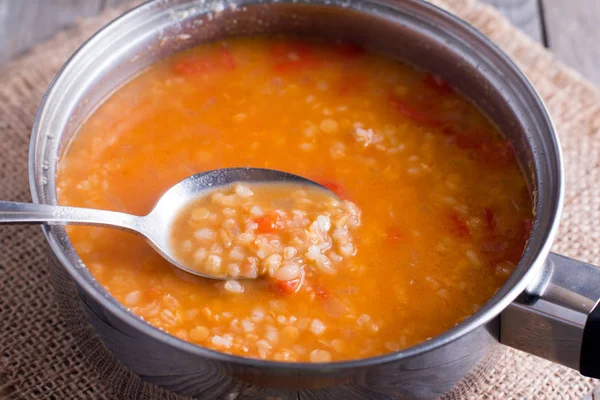 Preparation of traditional turpentine soup with bulgur and lentils — Stock Photo, Image