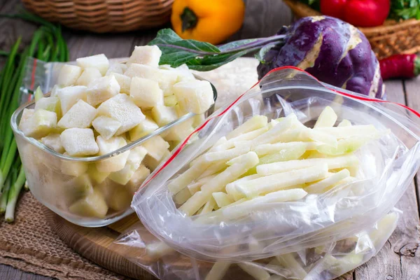 Frozen cubes of vegetables. Frozen cabbage kohlrabi — Stock Photo, Image